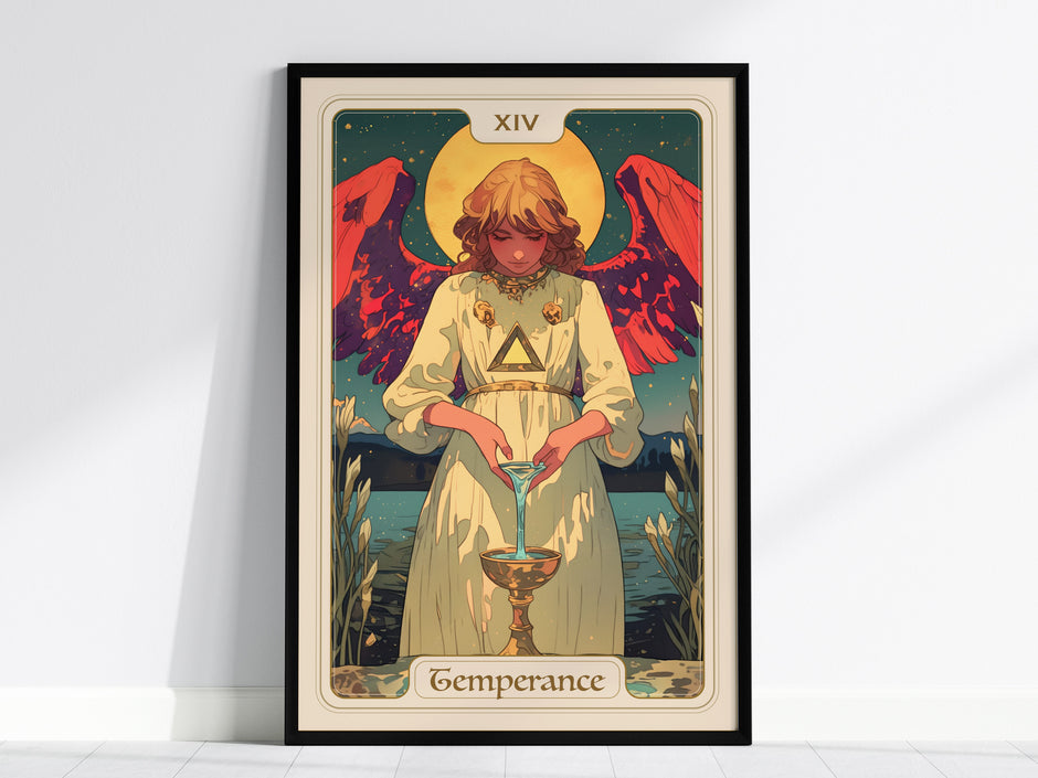Framed Temperance tarot card poster featuring an angel with red wings, pouring liquid between cups in a serene, colorful landscape.