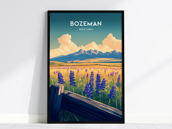 Bozeman, Montana Poster | Mountain Valley Adventure Wall Art — framed wall art, 24x36 in