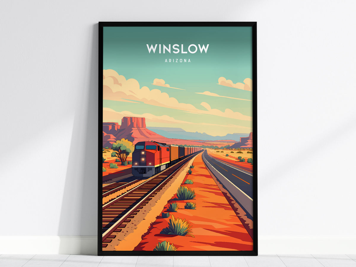Winslow, Arizona Poster | Route 66 Desert Destination Print Wall Art — framed wall art, 24x36 in