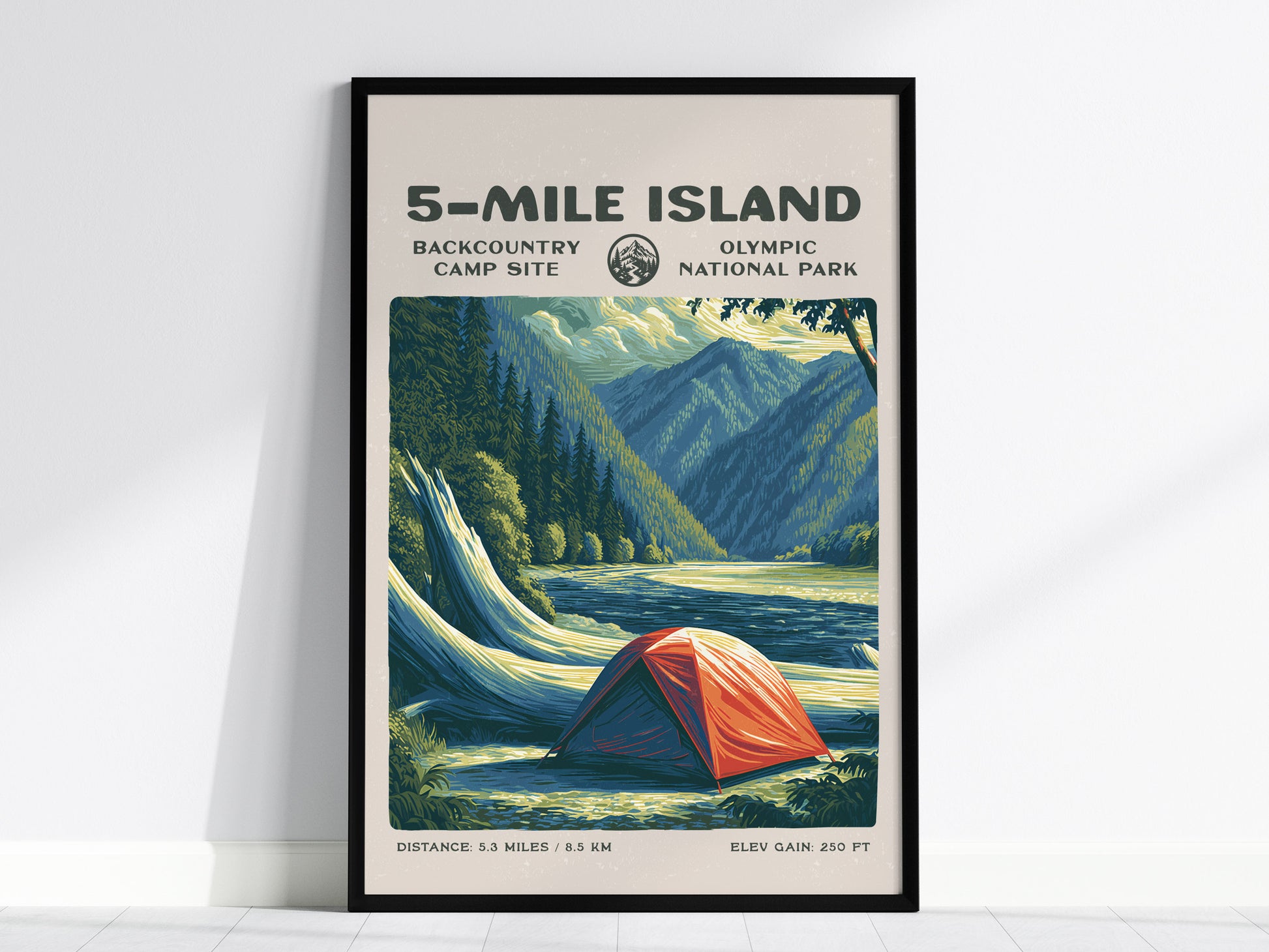 5-Mile Island, Olympic National Park Poster | Hiker Gift | Rainforest River Backcountry Wall Art — framed wall art, 24x36 in