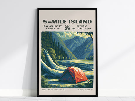 5-Mile Island, Olympic National Park Poster | Hiker Gift | Rainforest River Backcountry Wall Art — framed wall art, 24x36 in