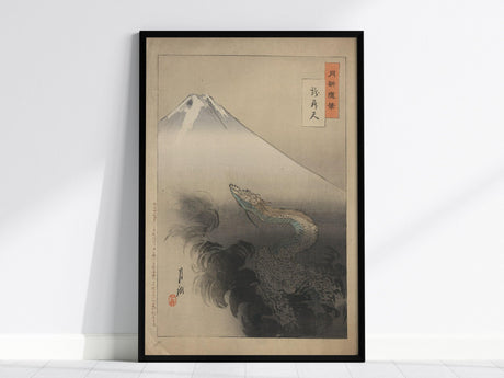 A framed Japanese ukiyo-e art print depicting a celestial dragon ascending through clouds with Mount Fuji in the background, displayed against a simple white wall.