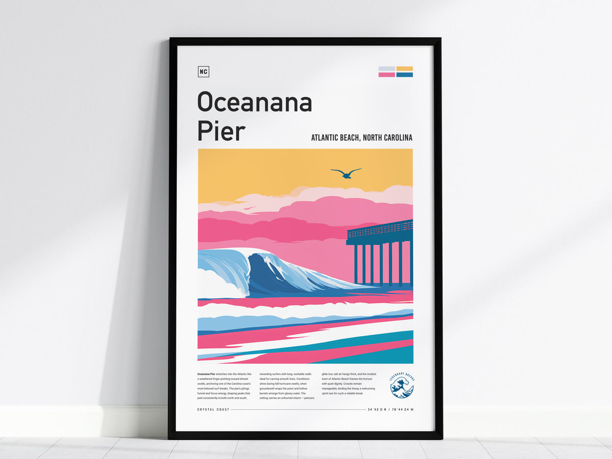 Oceanana Pier, Atlantic Beach, North Carolina Poster | Surf Wall Art & Beach House Decor — framed wall art, 24x36 in