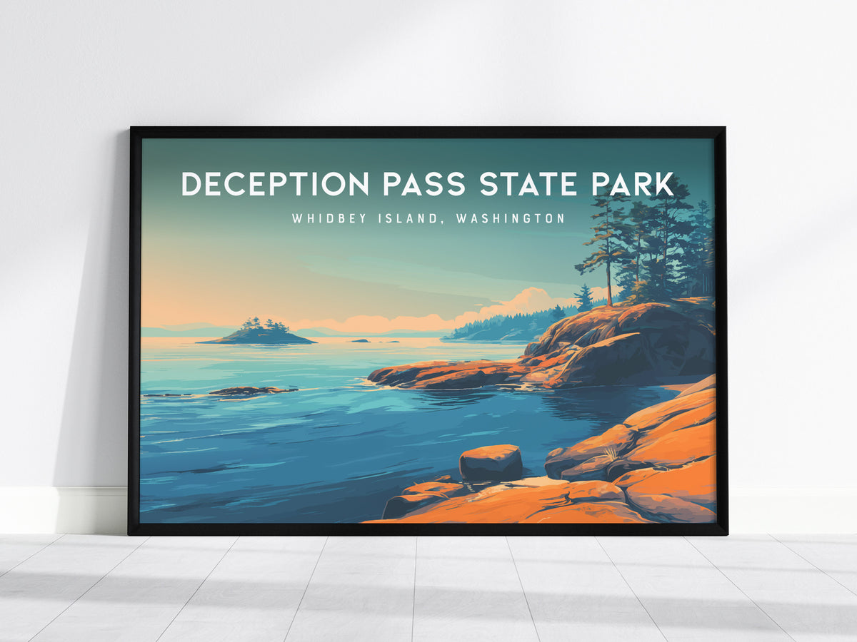 Deception Pass State Park Landscape Poster | Whidbey Island, Washington Pacific Northwest Beach House Decor — framed wall art