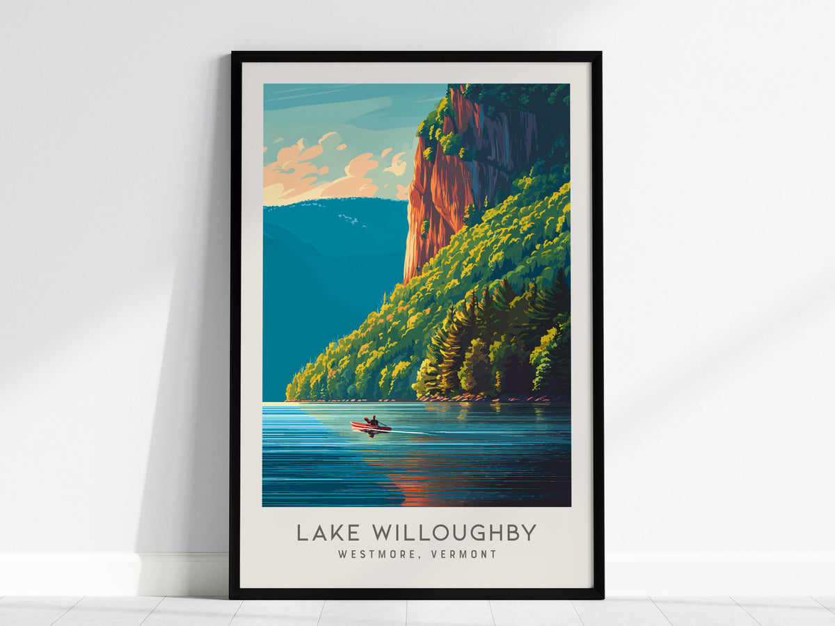 Lake Willoughby Matte Border Poster | Westmore, Vermont Destination Print — framed wall art, 24x36 in