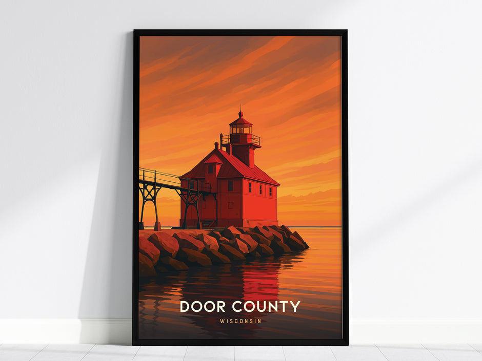 Framed Door County lighthouse poster featuring a red lighthouse at sunset, vibrant orange and yellow hues, ideal travel art.