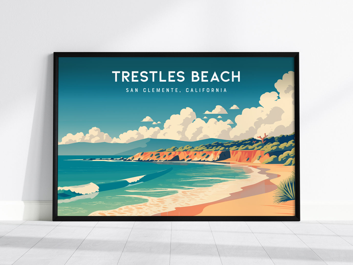 Trestles Beach Landscape, San Clemente, California Poster | Coastal Beach Decor Travel Gift Wall Art — framed wall art, 24x36