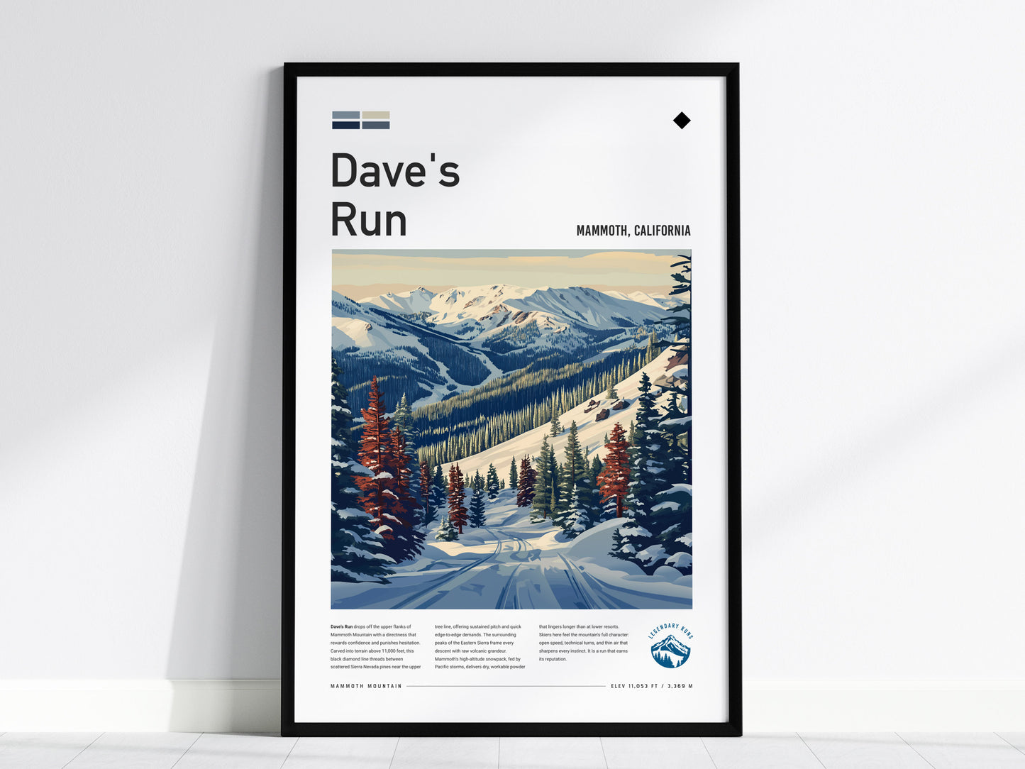 Dave's Run, Mammoth, California Poster | Ski Lodge Decor Mountain Wall Art — framed wall art, 24x36 in