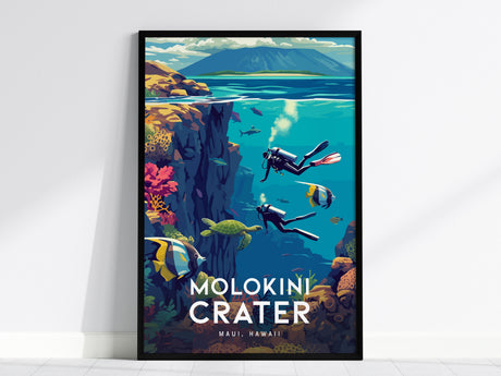 Framed poster depicting scuba divers exploring vibrant coral reefs with fish and a sea turtle, set against a backdrop of Molokini Crater and Maui mountains.