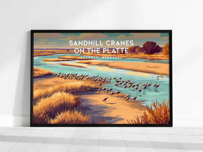 Sandhill Cranes on the Platte Landscape Poster | Kearney, Nebraska Vacation Wall Art — framed wall art, 24x36 in