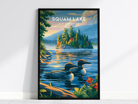 Squam Lake, New Hampshire Poster | Lakeside Serenity Travel Wall Art — framed wall art, 24x36 in