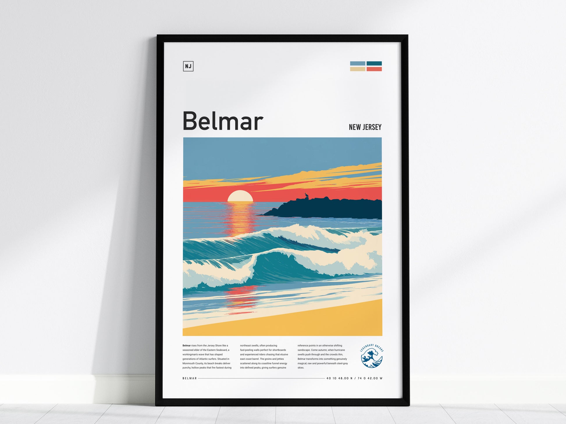 Belmar, New Jersey Poster | Surf & Boardwalk Coastal Wall Art — framed wall art, 24x36 in