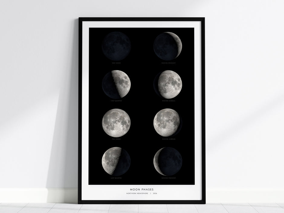 A framed poster displaying the eight phases of the Moon, arranged in two rows. Each phase, from new moon to waning crescent, is depicted in detailed grayscale against a black background, with labels for each phase.