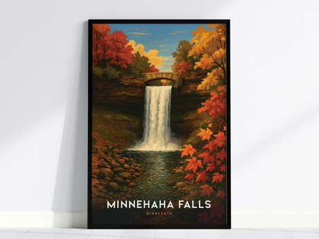 A framed poster of Minnehaha Falls shows a waterfall surrounded by vibrant autumn foliage, with a stone bridge above. The text Minnehaha Falls, Minnesota is displayed at the bottom.