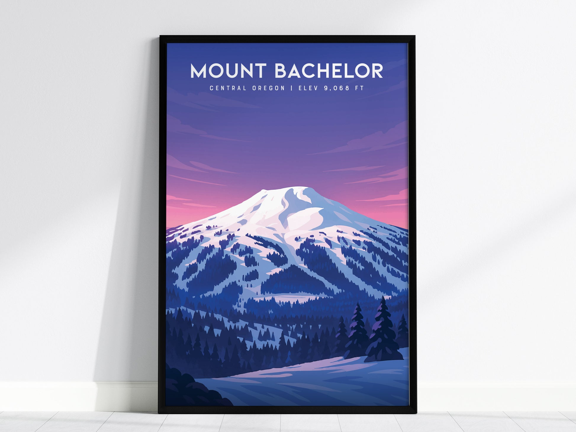 Framed Mount Bachelor Oregon poster featuring snowy peaks, vibrant pink and purple sky, perfect travel art for skiers and snowboarders.