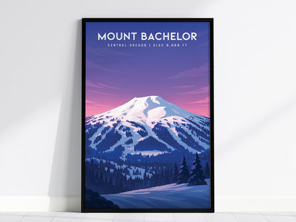 Framed Mount Bachelor Oregon poster featuring snowy peaks, vibrant pink and purple sky, perfect travel art for skiers and snowboarders.
