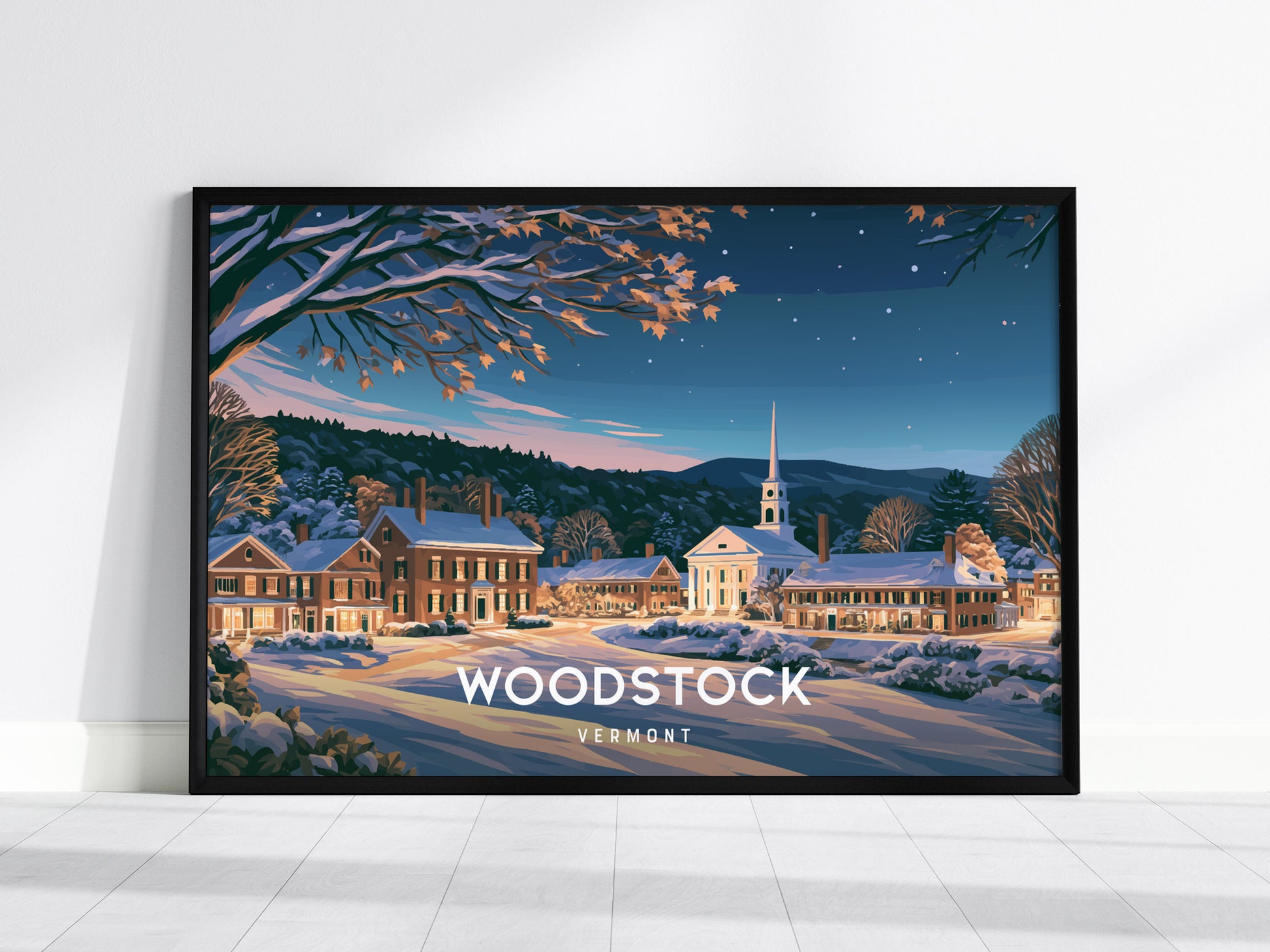 Woodstock, Vermont Landscape Poster | Charming Covered Bridge Travel Wall Art — framed wall art, 24x36 in