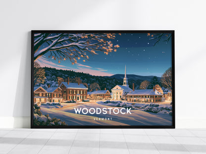 Woodstock, Vermont Landscape Poster | Charming Covered Bridge Travel Wall Art — framed wall art, 24x36 in
