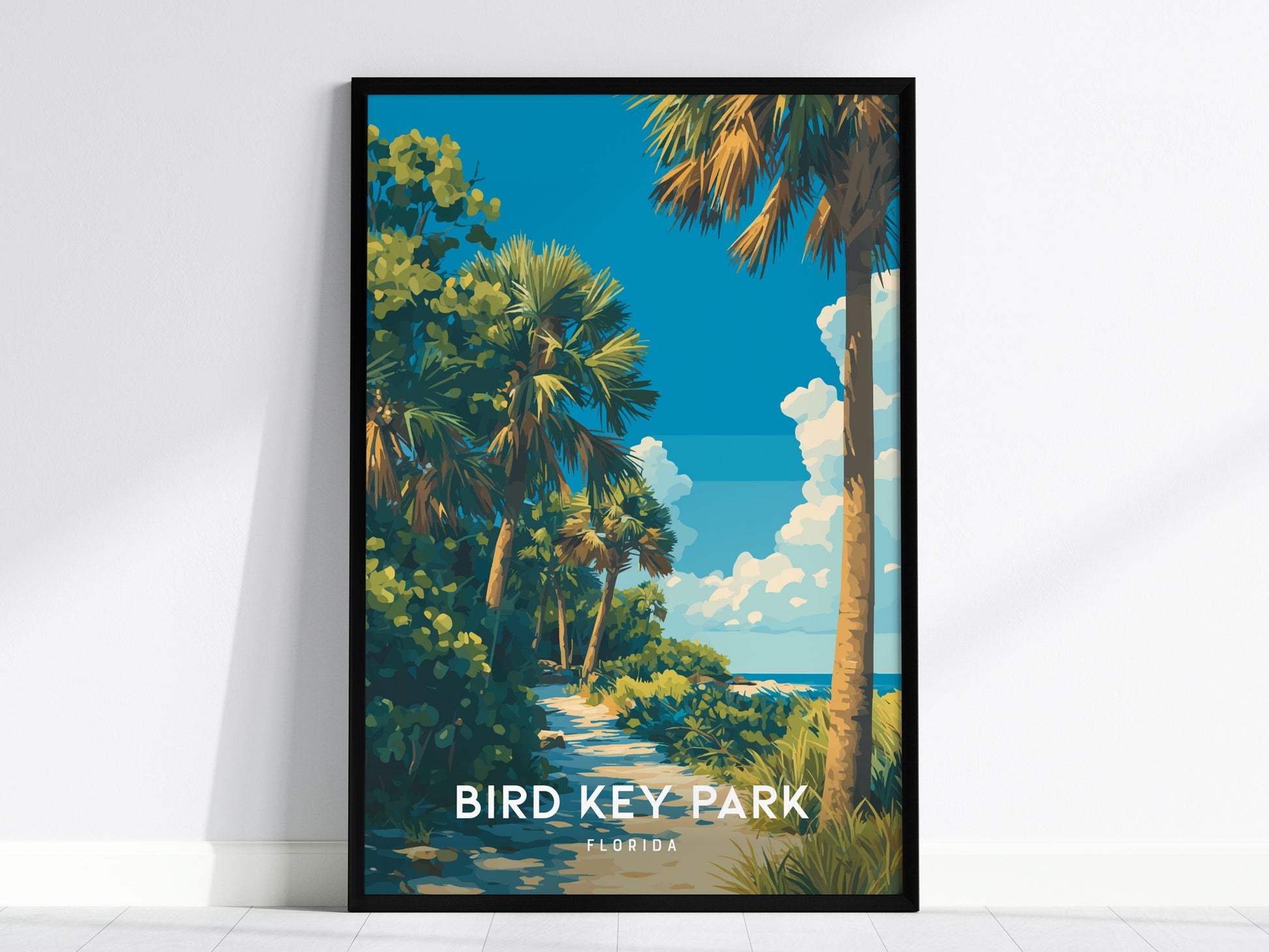 Bird Key Park, Florida Poster | Tropical Waterfront Serenity Wall Art — framed wall art, 24x36 in