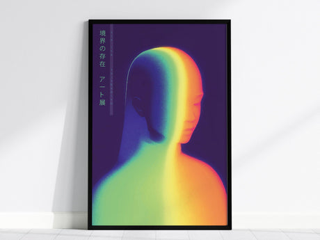 A colorful abstract poster featuring a human silhouette with a gradient of neon colors, including yellow, green, and purple, set against a dark background.