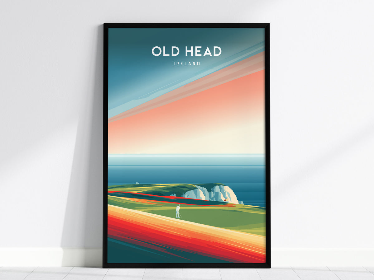 Old Head, Ireland Poster | Dramatic Cliffs & Fairway Golfer Gift Wall Art — framed wall art, 24x36 in