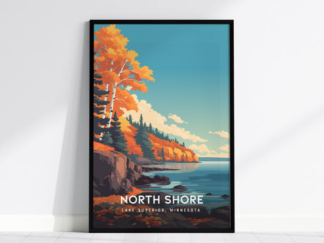 A vibrant poster featuring the North Shore of Lake Superior in Minnesota, showcasing a rugged coastline with colorful autumn foliage, dramatic cliffs, and a serene blue lake under a bright sky.