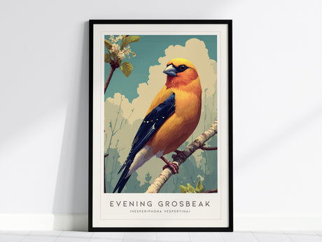 Evening Grosbeak, Hesperiphona vespertina Poster | Bold Songbird Nature Poster Wall Art — framed wall art, 24x36 in