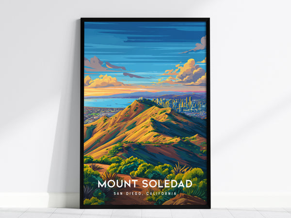 Mount Soledad, California Poster | Cross & Coastline Panoramic View Wall Art — framed wall art, 24x36 in