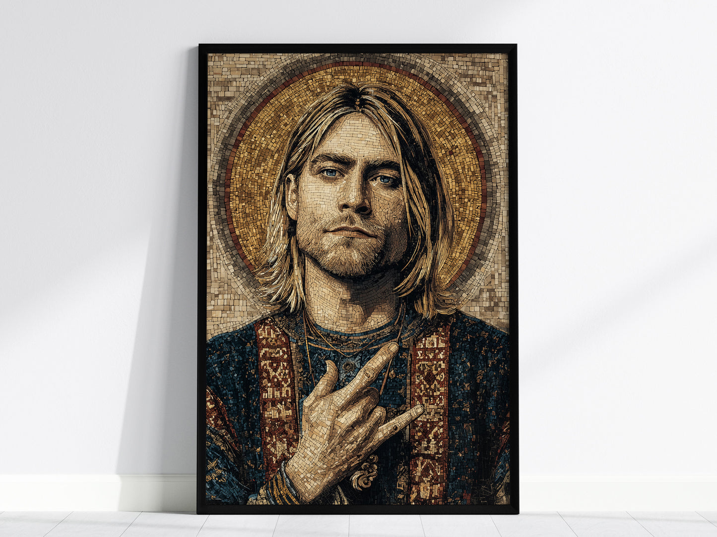 Byzantine-style mosaic portrait art of Kurt Cobain, featuring earthy tones and a halo, perfect for iconic music wall decor.