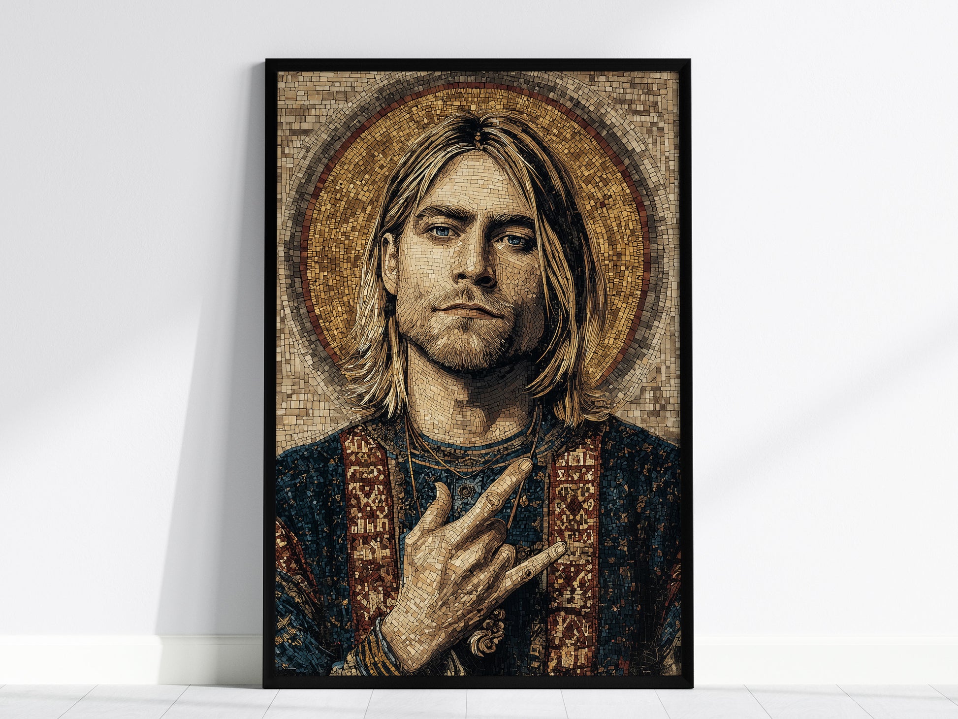 Byzantine-style mosaic portrait art of Kurt Cobain, featuring earthy tones and a halo, perfect for iconic music wall decor.