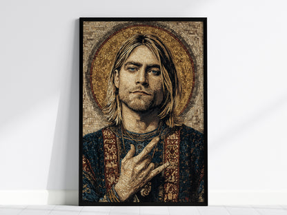 Byzantine-style mosaic portrait art of Kurt Cobain, featuring earthy tones and a halo, perfect for iconic music wall decor.