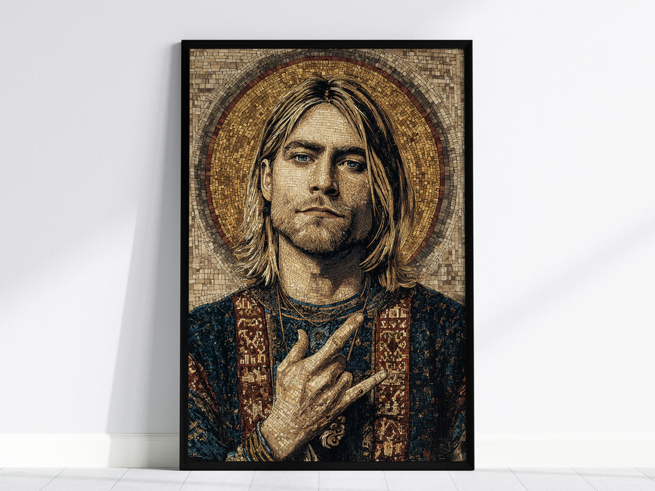 Byzantine-style mosaic portrait art of Kurt Cobain, featuring earthy tones and a halo, perfect for iconic music wall decor.