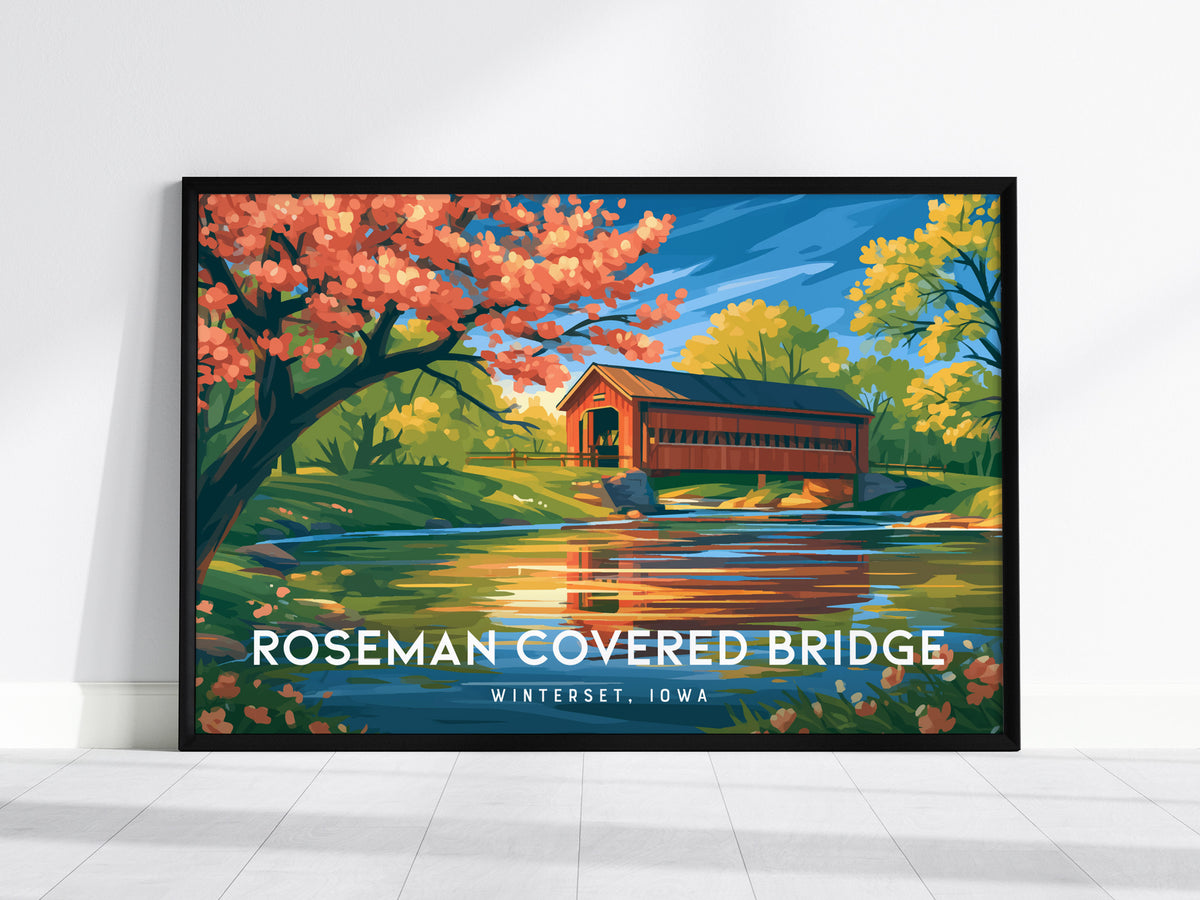 Roseman Covered Bridge Landscape Poster | Winterset, Iowa Travel Gift Wall Art — framed wall art, 24x36 in