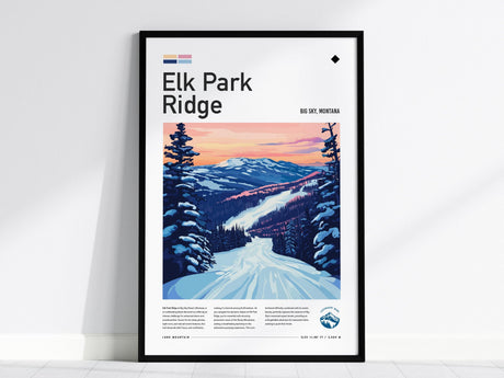 A framed poster titled Elk Park Ridge depicts a snowy mountain landscape with vibrant sunset skies. The artwork features a winding ski trail surrounded by snow-covered trees and distant peaks.