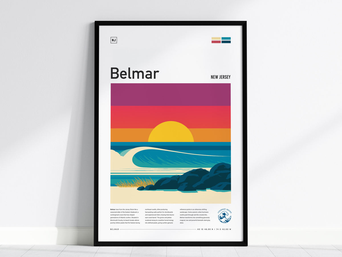 Belmar, New Jersey Poster | Surf & Boardwalk Coastal Wall Art — framed wall art, 24x36 in