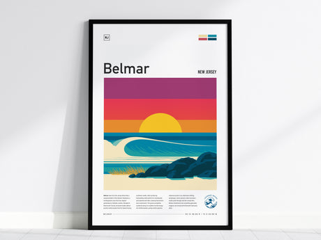Belmar, New Jersey Poster | Surf & Boardwalk Coastal Wall Art — framed wall art, 24x36 in
