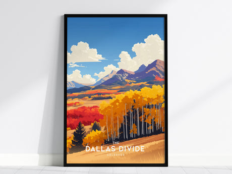 A framed poster displays a vibrant illustration of the Dallas Divide in Colorado, showcasing golden aspen groves, rolling valleys, and rugged mountain peaks under a partly cloudy sky. The autumn colors are bold and striking.