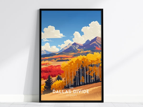 A framed poster displays a vibrant illustration of the Dallas Divide in Colorado, showcasing golden aspen groves, rolling valleys, and rugged mountain peaks under a partly cloudy sky. The autumn colors are bold and striking.