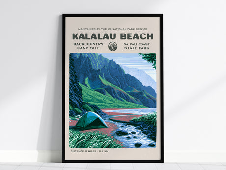 Kalalau Beach, Na Pali Coast State Park Poster | Hiker Gift | Backcountry Trail Wall Art — framed wall art, 24x36 in
