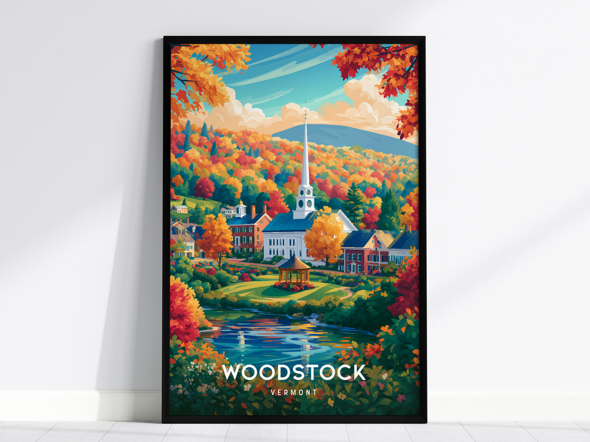 Woodstock, Vermont Poster | New England Covered Bridge Vacation Wall Art — framed wall art, 24x36 in