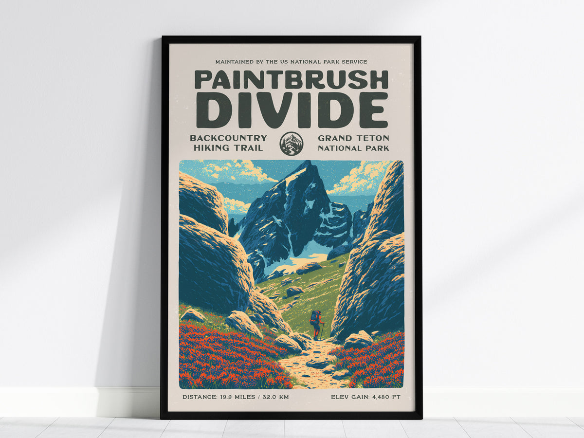 Paintbrush Divide, Grand Teton National Park Poster | Hiker Gift | Backcountry Trail Wall Art — framed wall art, 24x36 in