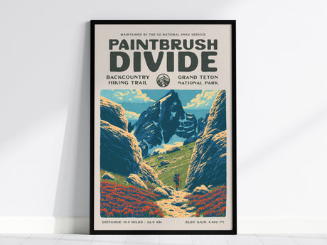 Paintbrush Divide, Grand Teton National Park Poster | Hiker Gift | Backcountry Trail Wall Art — framed wall art, 24x36 in