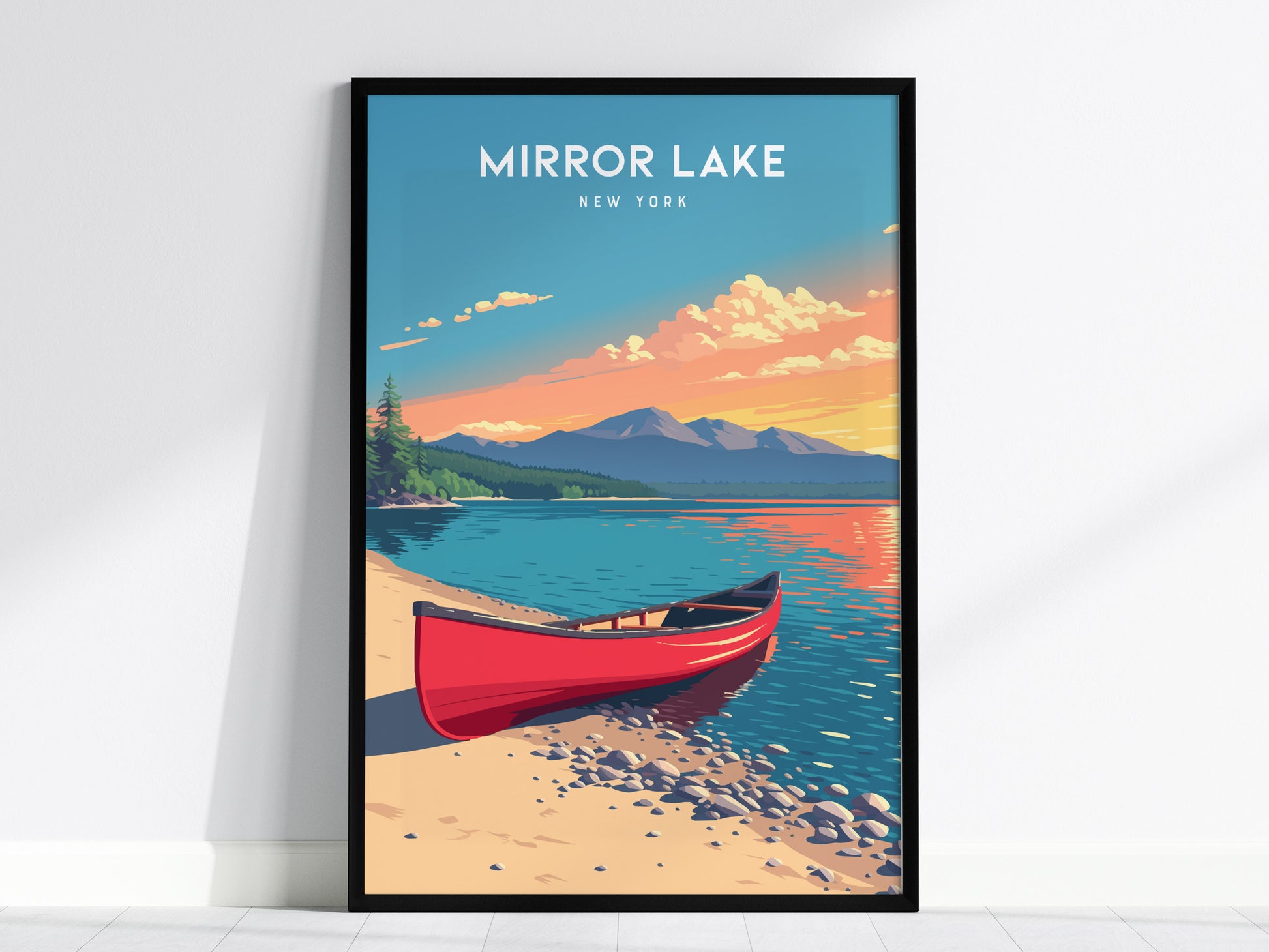 A vibrant poster of Mirror Lake, New York, featuring a red canoe on a sandy shore with pebbles. The background showcases a calm lake reflecting surrounding mountains and colorful sunset skies, evoking a serene Adirondack atmosphere.