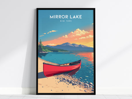 A vibrant poster of Mirror Lake, New York, featuring a red canoe on a sandy shore with pebbles. The background showcases a calm lake reflecting surrounding mountains and colorful sunset skies, evoking a serene Adirondack atmosphere.