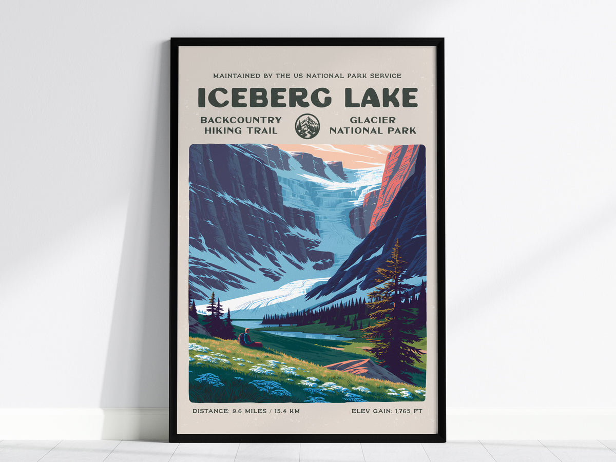 Iceberg Lake, Glacier National Park Poster | Hiker Gift | Backcountry Trail Wall Art — framed wall art, 24x36 in