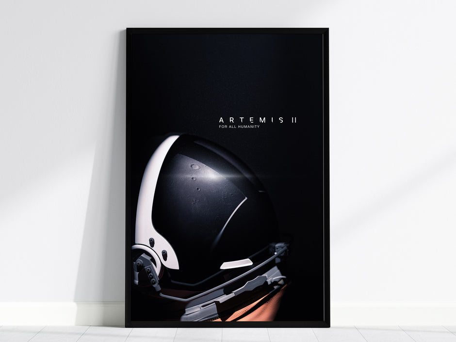 Futuristic NASA Artemis II space helmet poster featuring sleek design, dark colors, and sophisticated detailing for space art enthusiasts.