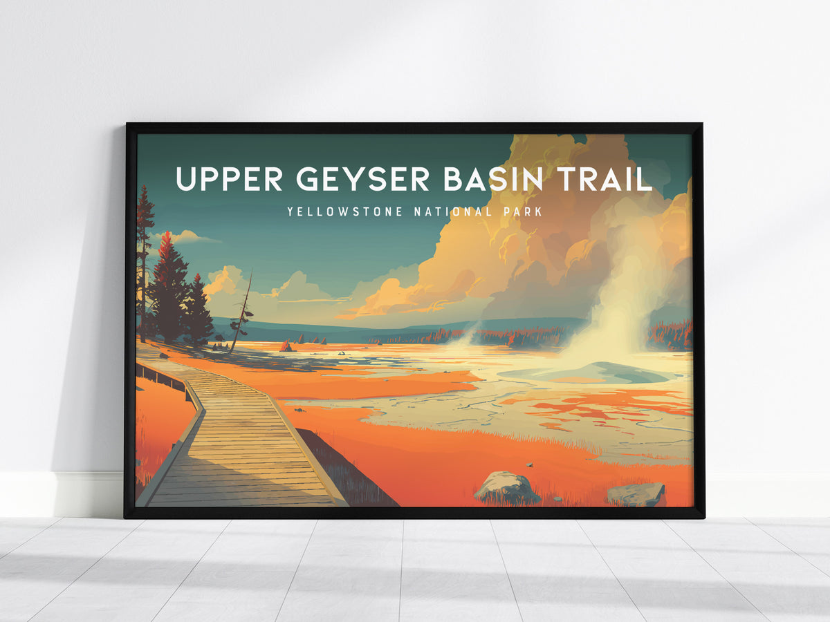Upper Geyser Basin Trail Landscape Poster | Yellowstone National Park Vacation Wall Art — framed wall art, 24x36 in