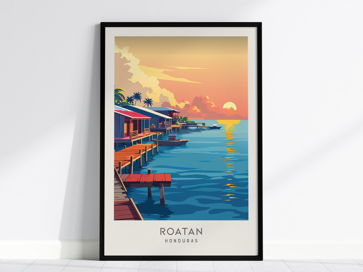 Roatan Matte Border Poster | Honduras Tropical Beach Print Travel Wall Art — framed wall art, 24x36 in