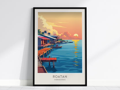 Roatan Matte Border Poster | Honduras Tropical Beach Print Travel Wall Art — framed wall art, 24x36 in