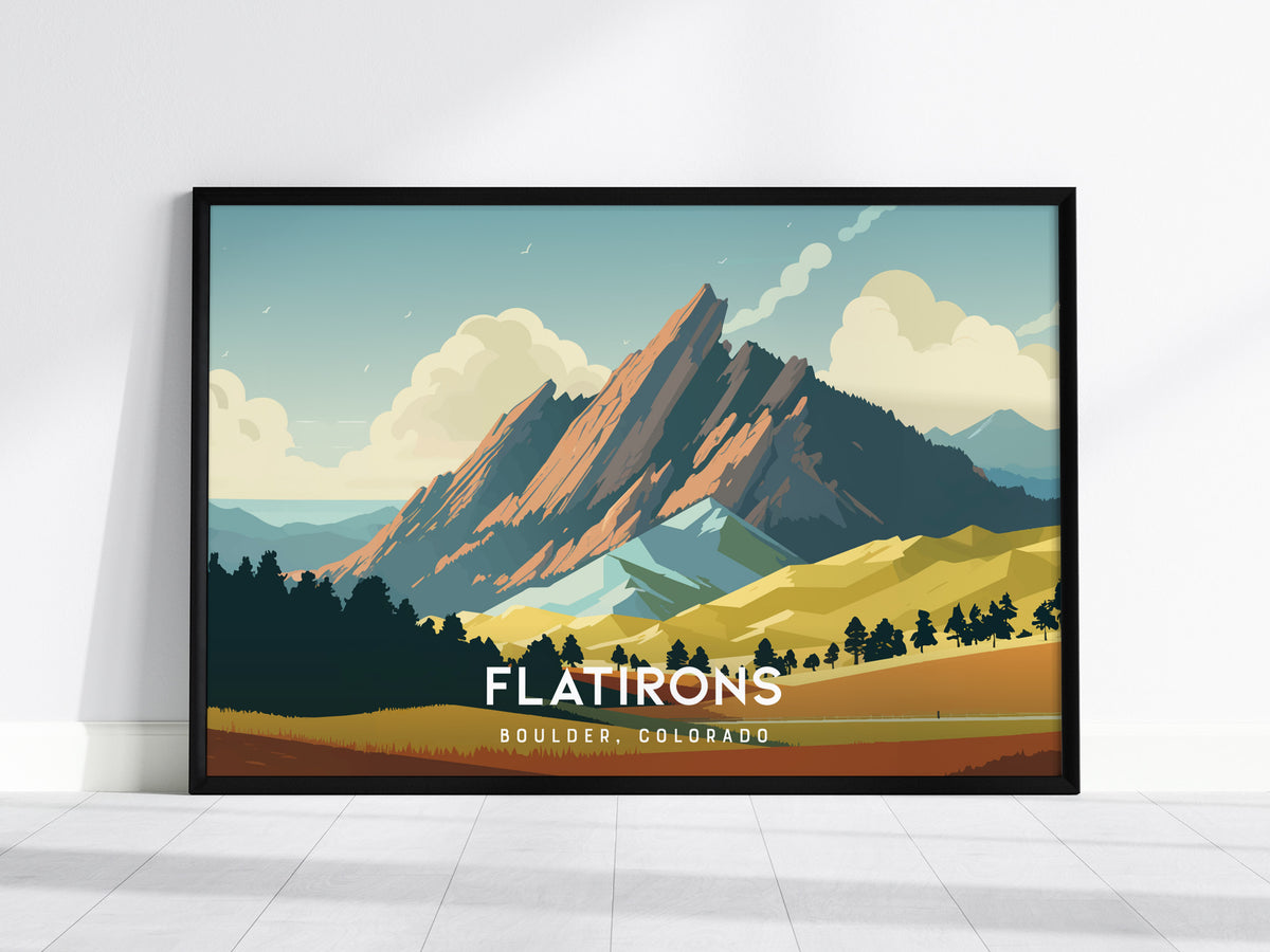 Flatirons, Boulder, Colorado Landscape Poster | Mountain Destination Print Wall Art — framed wall art, 24x36 in
